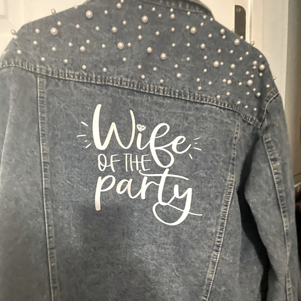 “Wife of the Party” Blue Jean Jacket with pearl accents. 80s vibe. Size 2X